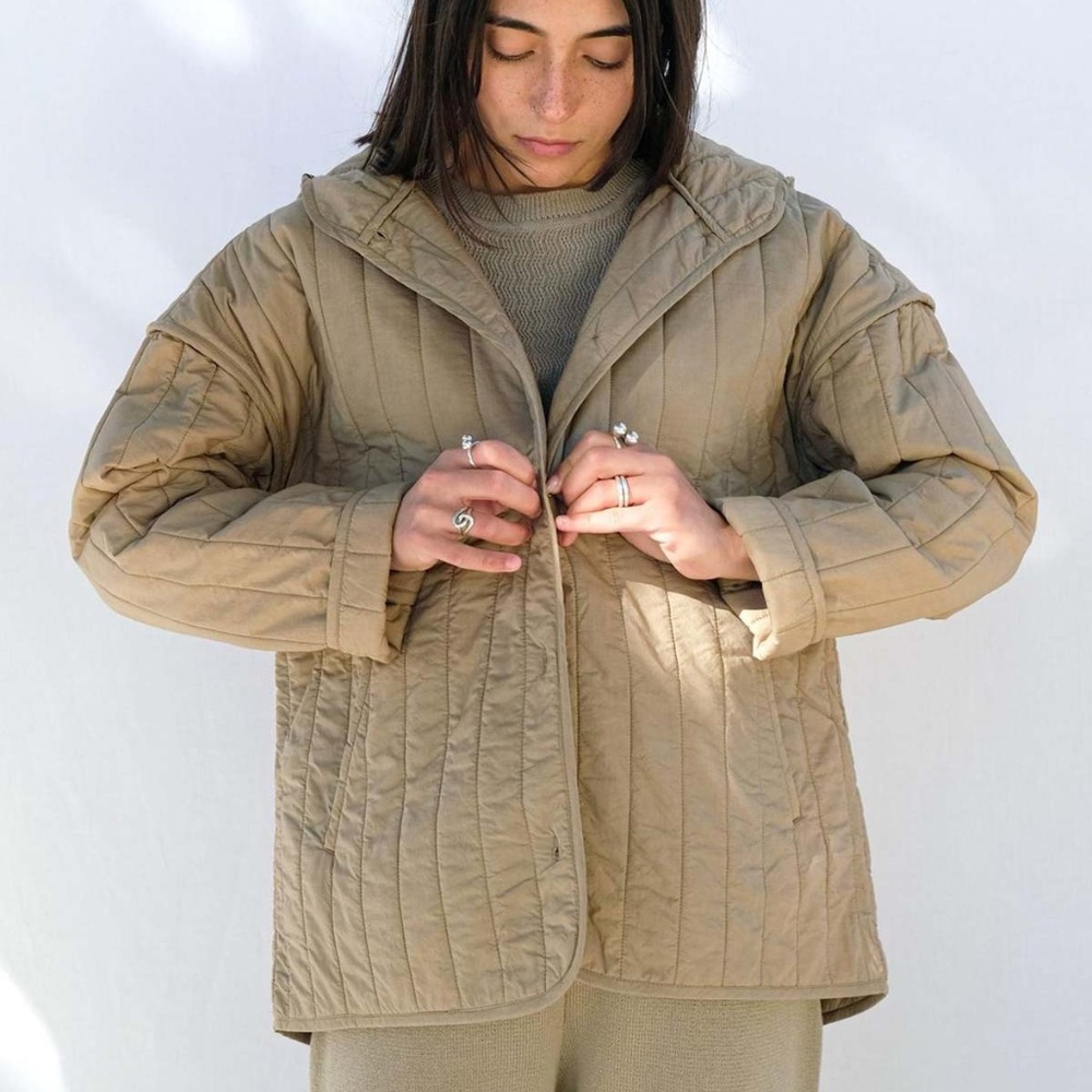 MICAELA GREG The Straight Quilt Jacket in Faded Olive Hooded Coat Cotton Size M - Picture 2 of 16